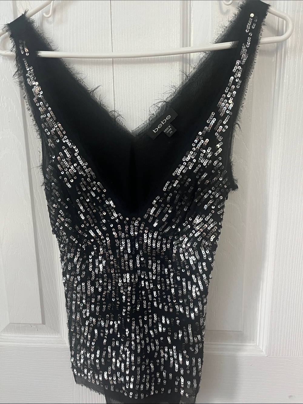 bebe Black Sequin V-Neck Top